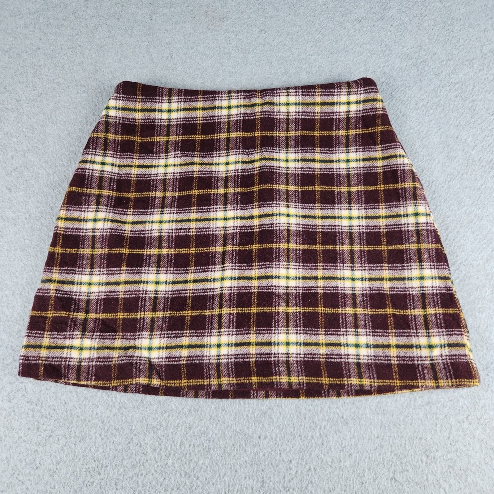 Forever 21 A-Line Mini Skirt Womens S Burgundy Tartan Plaid Wool Blend Side Zip